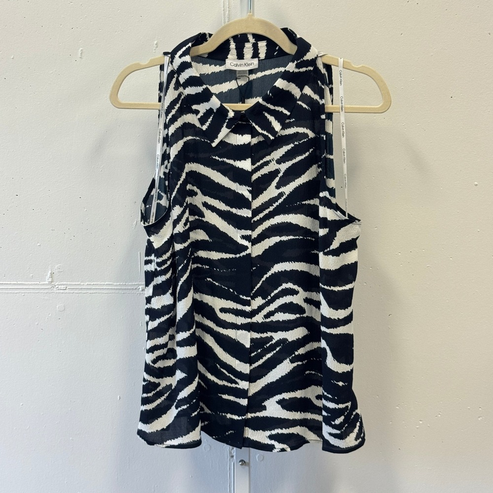 NWT Calvin Klein Zebra Print Sleeveless Blouse Navy White XL S23T9551 Office